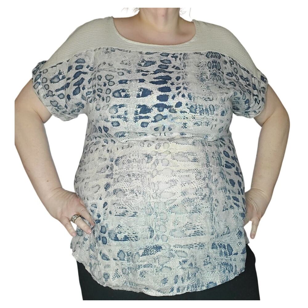 Lungo Larno 100% Linen Top 1X Blue Snakeskin Print Short Sleeve Boho Resort Plus